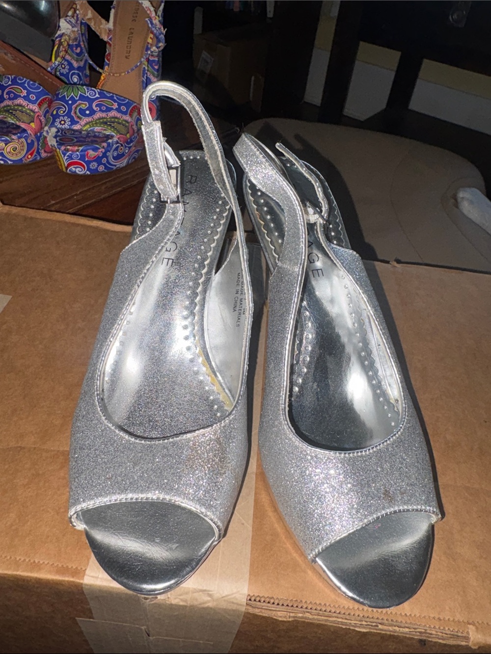 Silver Glitter Slingback Peep-Toe Heels - Women